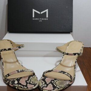 Marc Fishers Alonde Leather Heeled Slide Sandal. Snake Print Almond Toe Stiletto